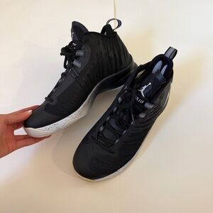 Air Jordan Super Fly Black and White Spray Sneakers